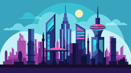 Obraz premium Futuristic City Skyline Vector Art Purple Blue Buildings