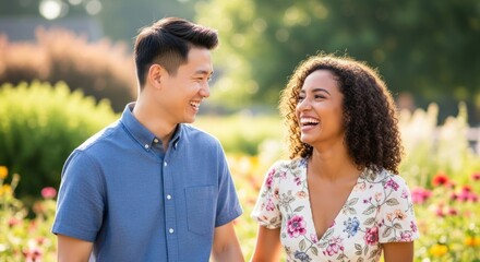 Joyful couple laughs together in a sunlit garden, showcasing happiness and connection with a man in a blue shirt and a woman in a floral dress enjoying a moment.