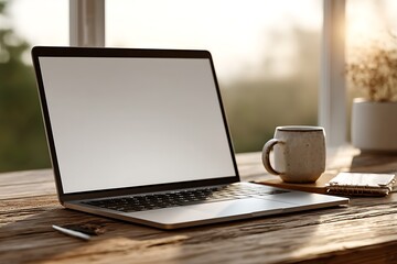 Fototapeta premium A laptop and coffee mug are on a wooden desk near a window