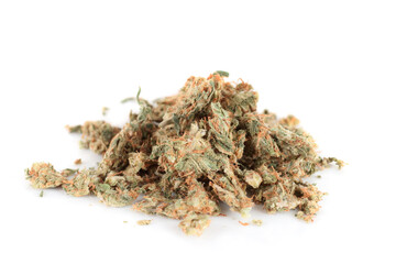 Street drug: cannabis buds isolated on white