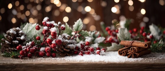 The festive arrangement of pinecones, berries, and cinnamon sticks for Christmas.