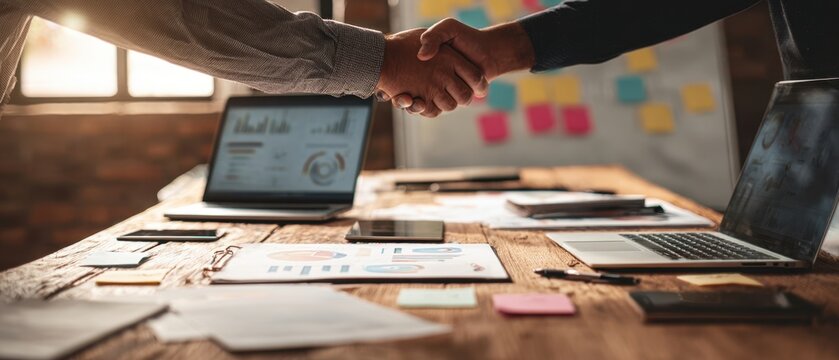 The handshake symbolizing partnership and collaboration in a modern business environment.