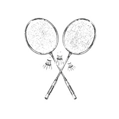 Hand drawn sketch of two crossed badminton rackets and shuttlecocks on white background