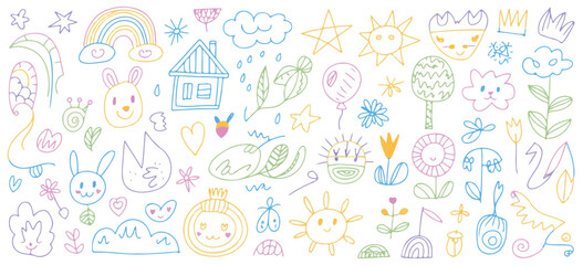 Whimsical Hand-Drawn Doodles: Pastel Animals & Flowers