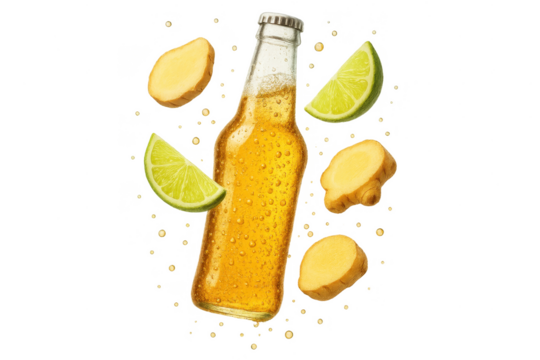 Refreshing ginger beer bottle with lime and ginger isolated on transparent background - Powered by Adobe