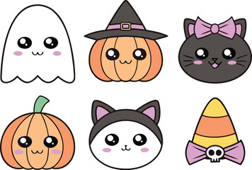 Cute Kawaii Halloween Characters Set with Ghosts and Pumpkins. Adorable Kawaii Halloween Characters Set with Witches and Monsters. Cute Halloween Characters Collection in Kawaii Style with Spooky