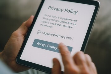 Privacy policy consent screen on tablet for data protection and agreement