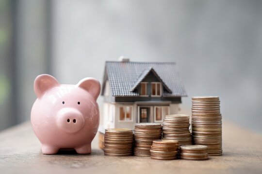 Down payment assistance program concept. Piggy bank next to a house model and stacks of coins on a wooden surface.
