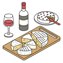 A glass of red wine sits beside a bottle and a cheese board with cake vector