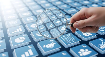 Hand holding magnifying glass over blue tiles with business analytics icons displayed on them