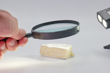 Close examination of cheese using a magnifying glass and light source on a plain surface in a well...