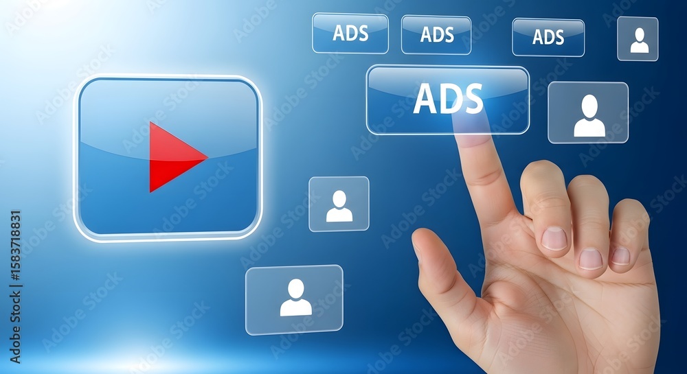 Poster hand touching ads button on blue background with video play and user icons displayed online