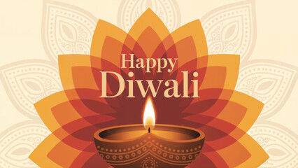 Diwali Greeting Card Orange Red Flower Diya Candle