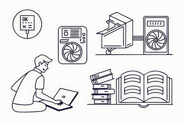 Illustration of a man on a laptop with books and appliances in a line art style design format