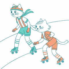 Obraz premium Two playful cats roller skating in colorful outfits on a track 