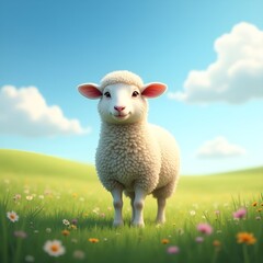 Obraz premium Serene sheep standing in lush green meadow under blue sky with clouds, peaceful farm animal nature scene