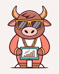 Cute cartoon bull with sunglasses and gold chain in hip hop style for finance