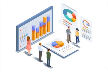 Group of professionals discussing a business presentation data report with visuals and charts in an office setting