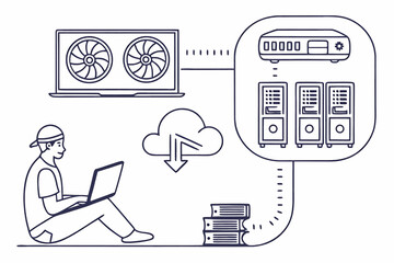 Person using laptop connected to a server with cloud storage and high end graphics card shown