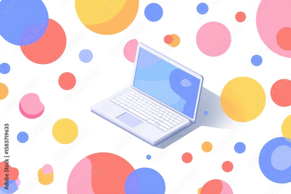 Poster colorful laptop design featuring minimal shapes and vibrant circles creating a playful atmosphere, p
