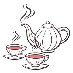 A steaming teapot pours hot tea into two cups on saucers vector