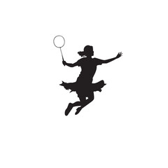 Silhouette of a young woman jumping and playing badminton with a racket