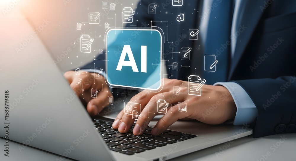Poster a person typing on a laptop with ai icon and document icons floating around the hands and laptop