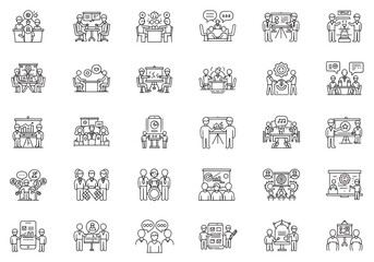 Illustration showing various business meetings and presentations in a line drawing style format