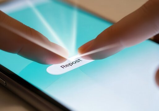 Closeup of fingers tapping repost button on smartphone screen for social media engagement