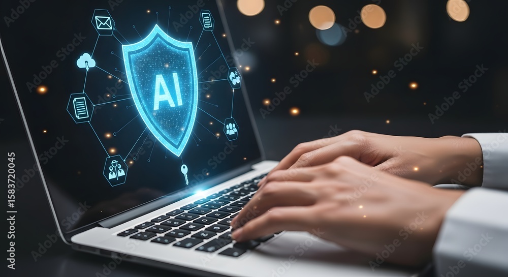 Poster person typing on a laptop with an ai security shield displayed on the screen with icons around it