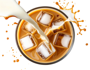 A - “Swirling Milk Pour into Iced Coffee, Top-Down View, Splash Effect, Transparent Background”