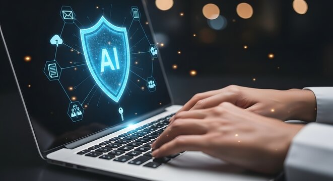 Person typing on a laptop with an ai security shield displayed on the screen with icons around it