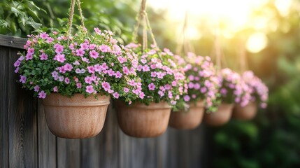 Hanging flower pots with small pink blossoms adorn a wooden fence, bathed in sunlight
