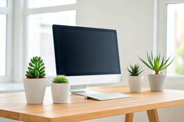 Contemporary Home Office Desk with Computer and Potted Plants