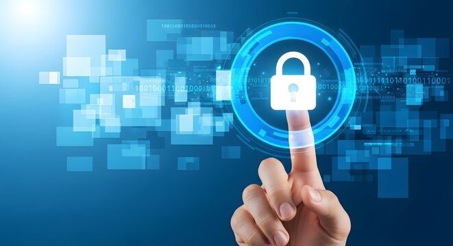 A finger touching a digital padlock surrounded by a blue circle with binary code background