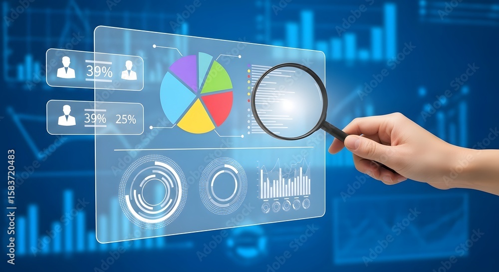 Poster hand holding magnifying glass over transparent screen displaying data charts and graphs on blue