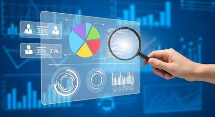 Hand holding magnifying glass over transparent screen displaying data charts and graphs on blue
