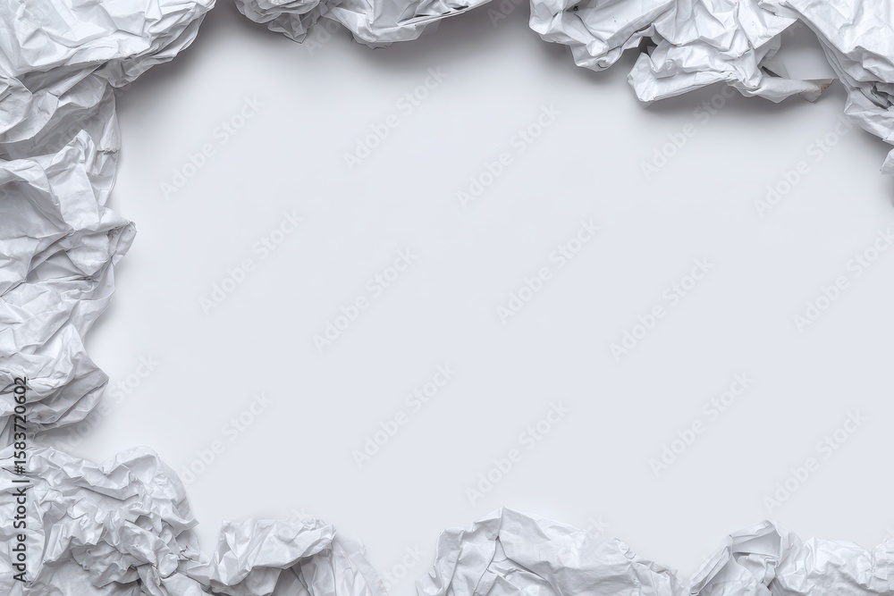 Poster crumpled white paper pieces create an abstract border around a blank space expressing texture and si