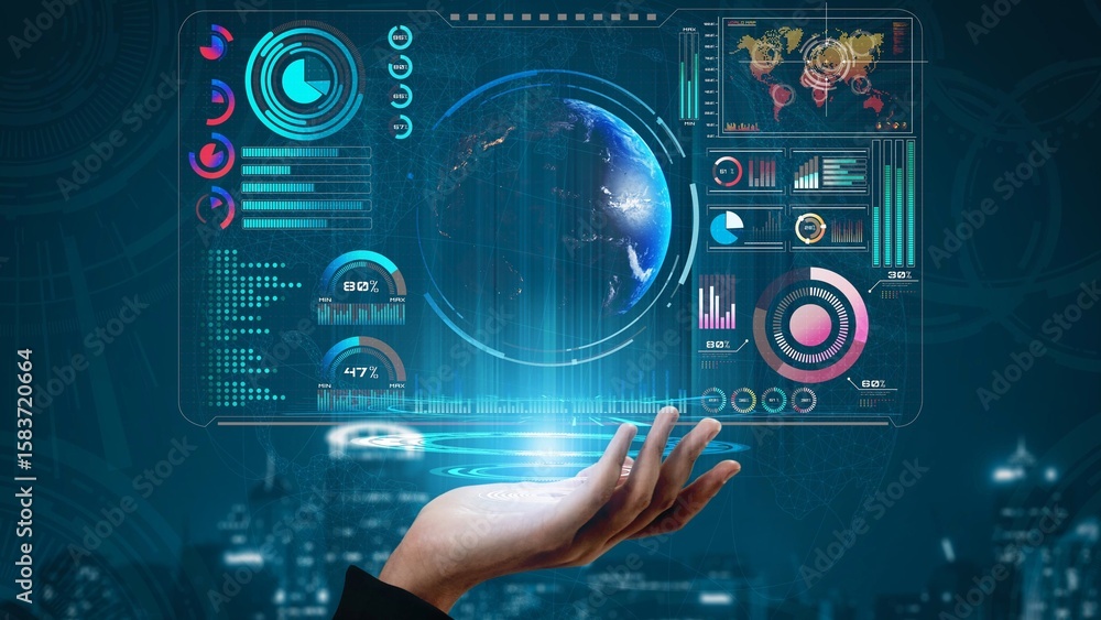 Poster high-tech global network connection interface showing worldwide digital communication, data exchange