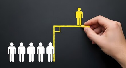 Hand drawing yellow stick figures on a black background illustrating leadership concept art