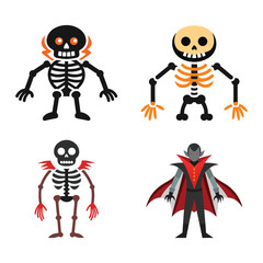 Four cute cartoon halloween characters including skeletons and a vampire