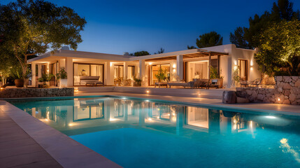 Fototapeta premium Elegant Resort-Style Home with Sparkling Swimming Pool Lit Up Under a Calm Night Sky at Dusk