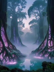 A dreamlike fantasy forest with glowing purple roots, mystical fog, and a tranquil river at dawn.
