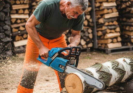 Lumberjack cutting log with chainsaw in orange work pants outdoors