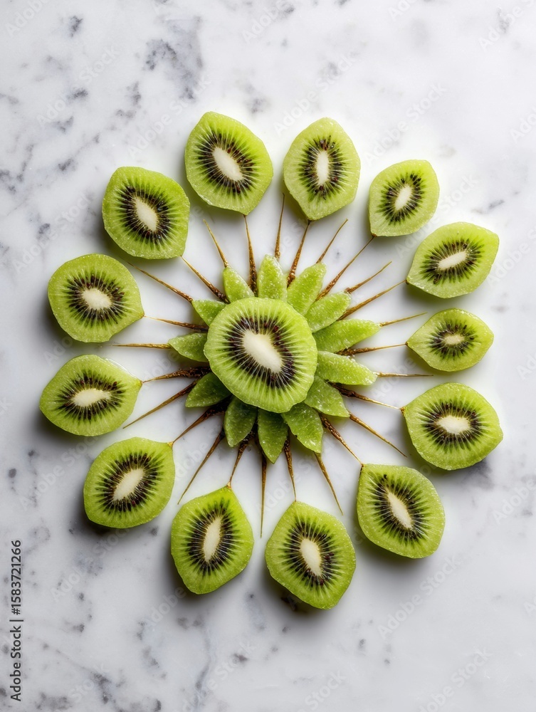 Poster sliced kiwi arranged in a flower mandala design on a marble background with upper section left blank