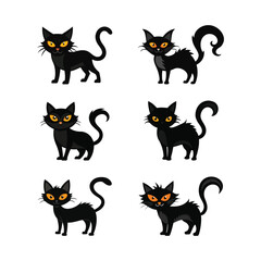 Collection of six cartoon black cats with bright orange eyes