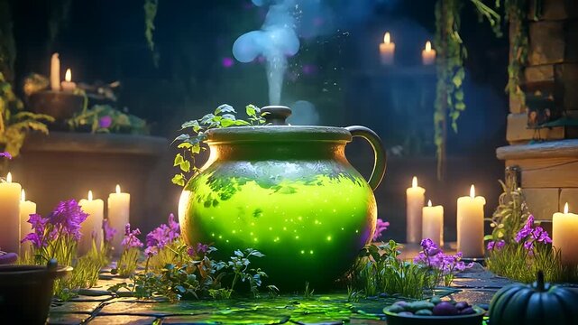 Mystical Potion Brewing: A Glowing Cauldron Scene