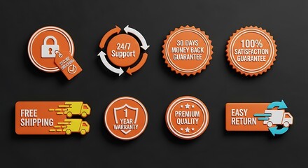 Orange e-commerce badges representing secure ordering free shipping and guarantees