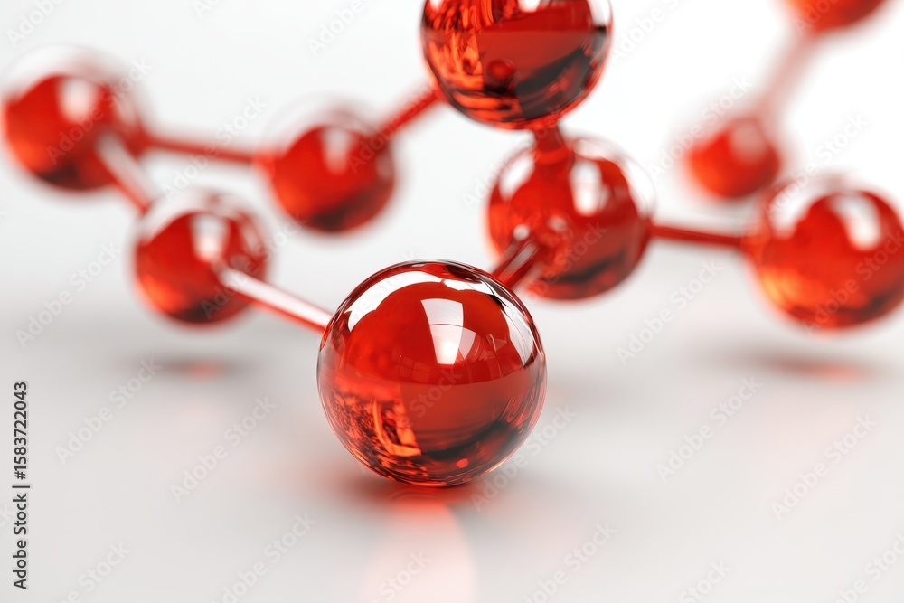 Poster molecular structure model displayed on a bright white background showcasing detailed red spheres con