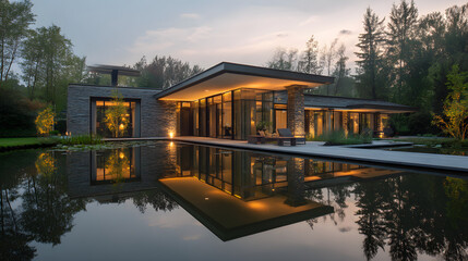 Modern Architectural Gem at Dusk with Stunning Water Reflection and Warm Illumination, Surrounded by Nature